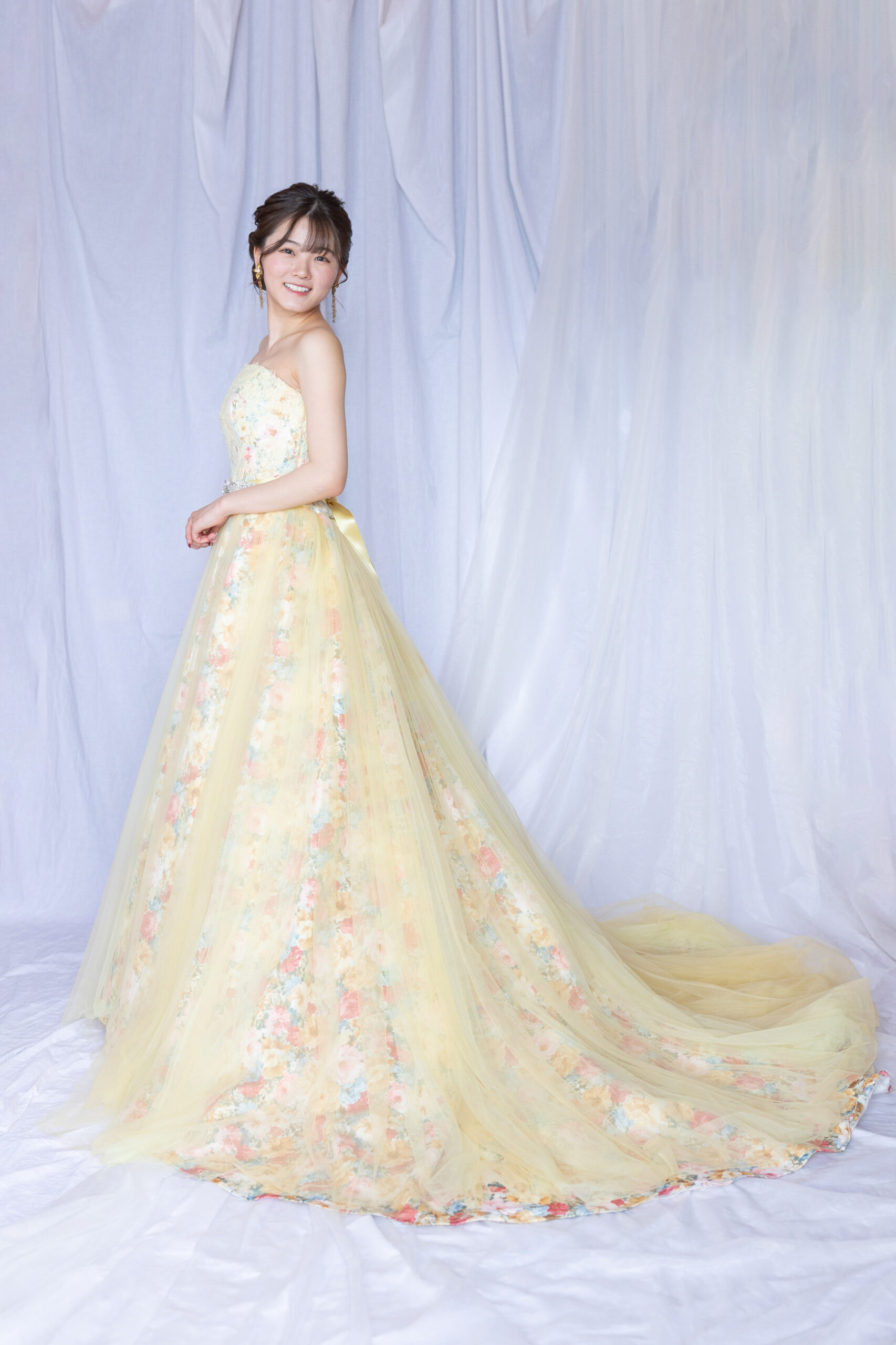 成人式,前撮り,ドレス,イエロー,花柄ドレス